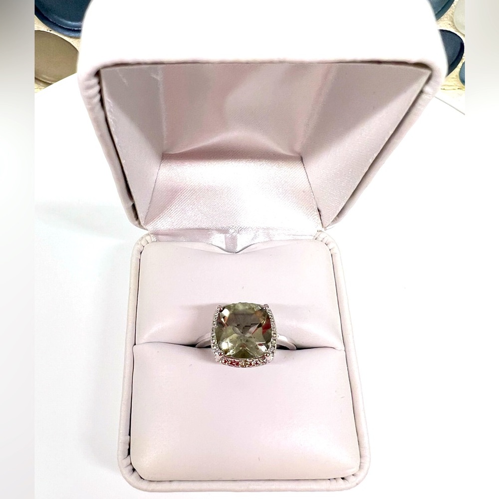 💎Cushion cut 4.11 ct green amethyst & diamond ring💎 - Picture 2 of 5